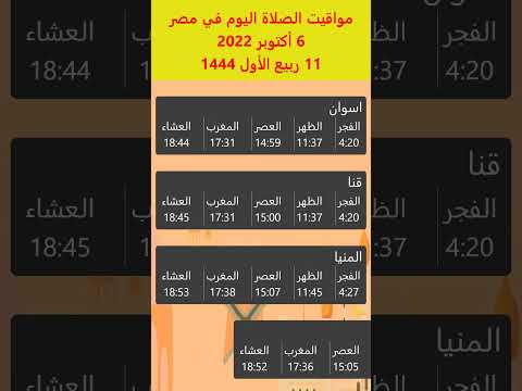 مواقيت الصلاة في مصر اليوم 6 أكتوبر 2022 11 ربيع الأول 1444 اسوان قنا المنيا بني سويف