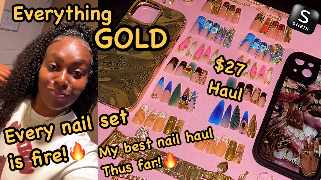 Best nail haul of 2025🔥💯Everything GOLD shein haul ⭐️ Press on nails, phone cases and accessories 