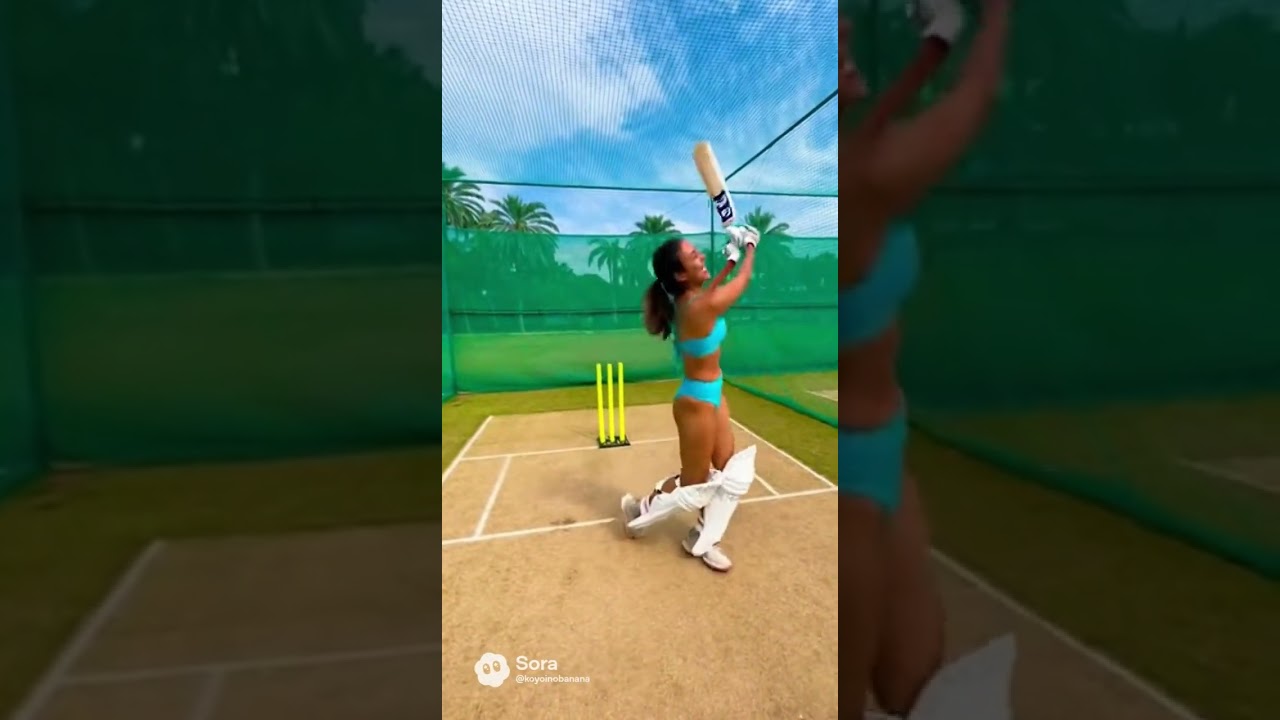 Practicing cricket in swimsuits!