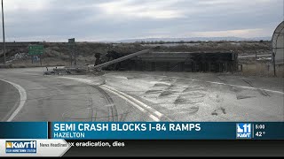 Semitruck rollover crash partially closes Exit 201 on Interstate 84