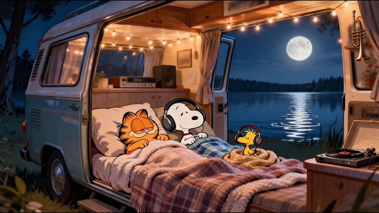 Lakeside Serenity with Snoopy 🌙🎷🎶  Soft Jazz Atmosphere for Work & Relaxation