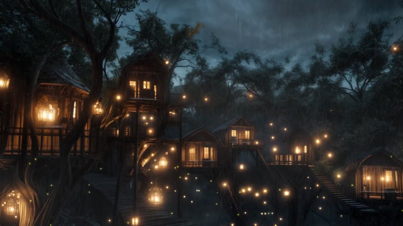 🌧️ Lantern Canopy Cabins in Heavy Rain | Soft Thunder Rumbles for Relaxation