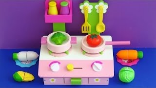 Wooden toy kitchen for children and cooking velcro cutting toy food vegetables