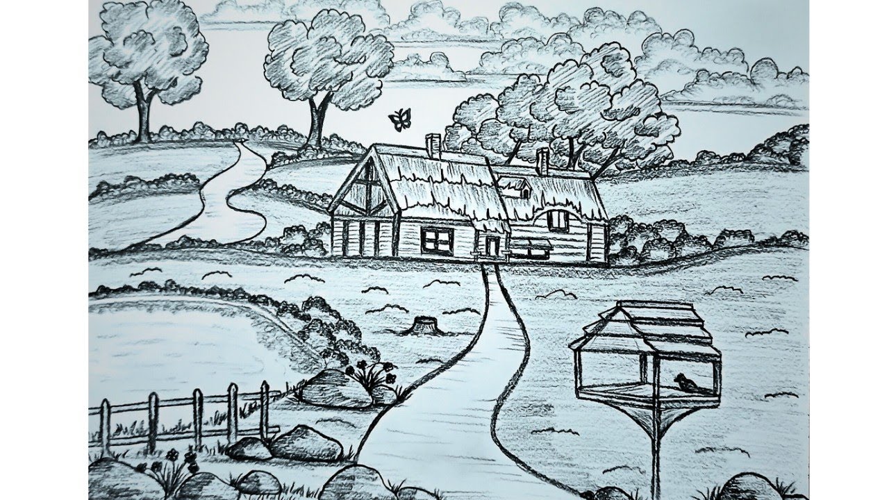 How to Draw a Village Scenery Step by Step in Real Time | How to Draw ...