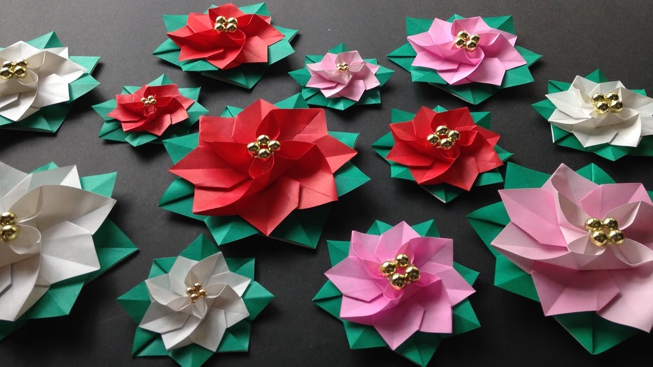 クリスマス折り紙 ポインセチア 立体 折り方2 Origami Christmas Poinsettia Tutorial Niceno1 Youtube