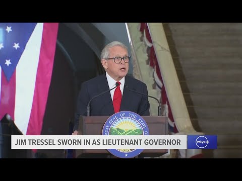 Gov. Mike DeWine speaks as Jim Tressel is sworn in as Ohio's lieutenant governor