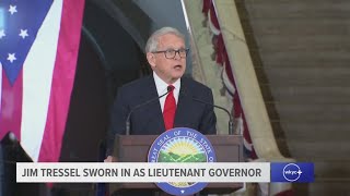Gov. Mike DeWine speaks as Jim Tressel is sworn in as Ohio's lieutenant governor