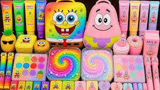 Satisfying Slime ASMR Making spongebob vs Patrick star Slime Mixing Makeup Lipsticks Candy M&Ms