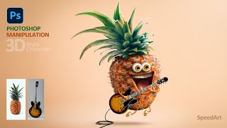 3d style cartoon character of pineapple playing guitar / compositing in Photoshop 2023 Manipulation