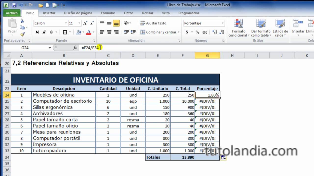 ejemplo de referencias absolutas y relativas en excel