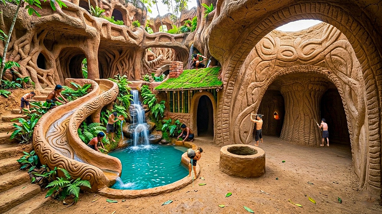 180 Days Building Underground Cave House with Spiral Slide Into