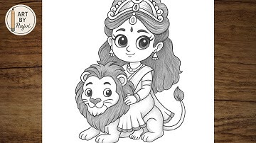 Navratri special Durga Drawing with Lion | Easy Pencil Drawing Tutorial