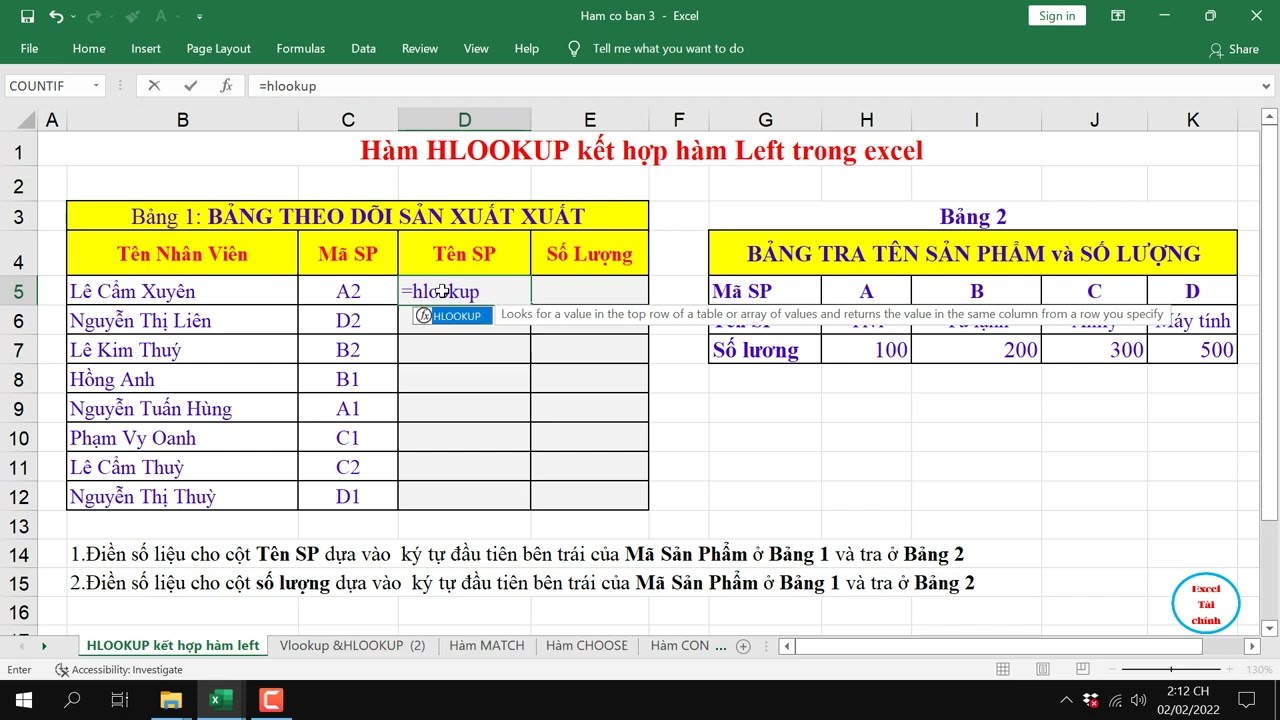 Hàm Hlookup Kết Hợp Hàm Left