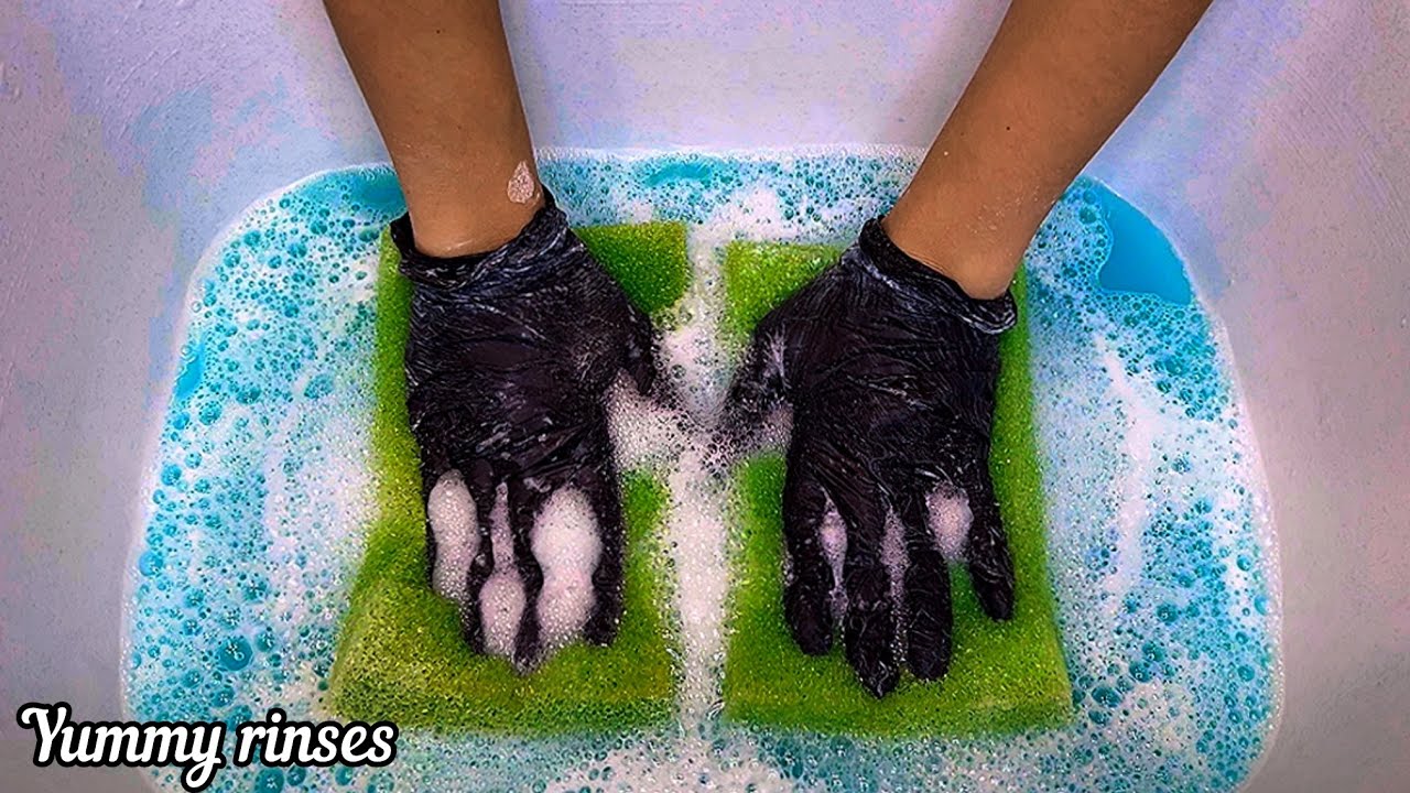 Full rinse plastic sponges 🤍🩵 Squeezing sponges Asmr