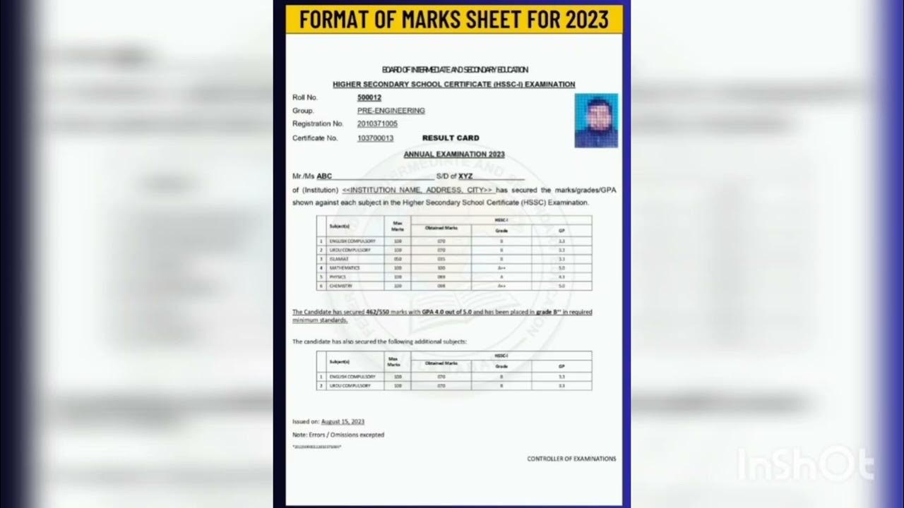 Formate of Mark sheet HSSC in 2023 and 2025. FBISE YouTube