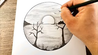 Sunset and River Landscape Drawing / Easy Pencil Drawing Landscape in a Circle
