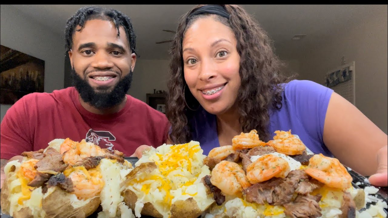 Loaded Steak, Shrimp, and Chicken Potatoes. Mukbang ASMR Eating Show