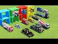 TRANSPORTING MERCEDES MINI BUS, VOLKSWAGEN POLICE, FORD POLICE, MERCEDES FIRE TRUCK TO GARAGE | FS22