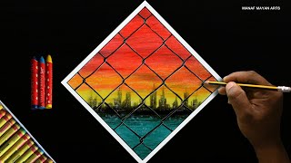 Iron Cage Net | Sunset Drawing | for Beginners with Wax Crayons | step by tep | Satisfying #116
