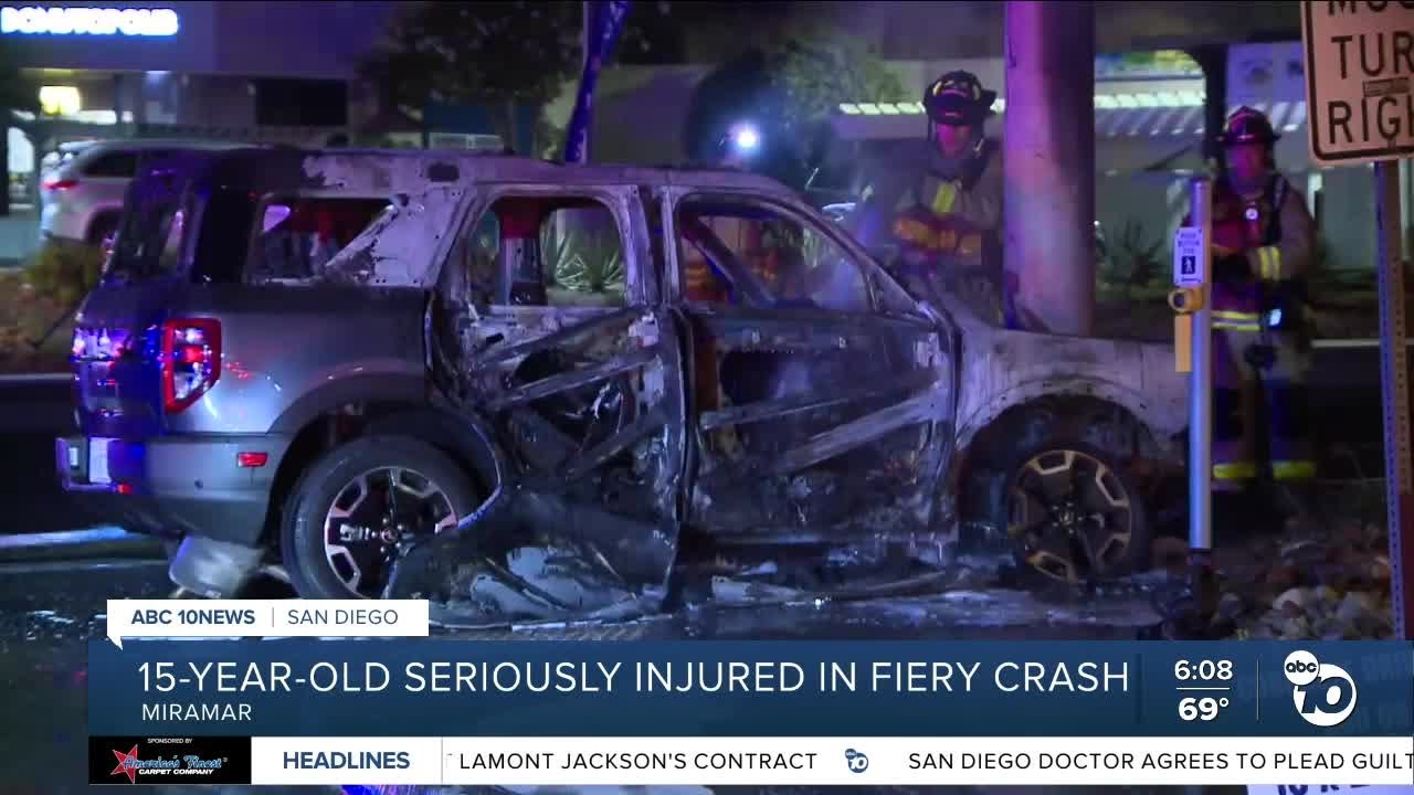 Teen driver hospitalized after fiery crash - YouTube