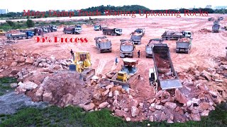 Amazing Bulldozer Pushing Rock Alone Until Night & Many Dump Trucks Uploading Rock