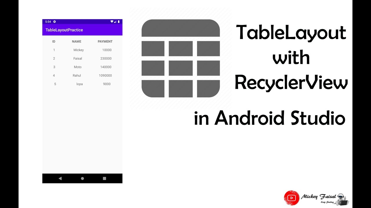 TableLayout with RecyclerView in Android Studio latest - YouTube