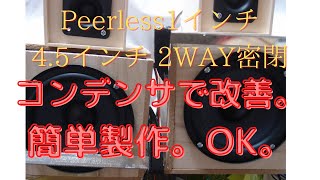 簡単2way。Peerless ツイーターユニット1インチ(25mm) 4Ω。ミッドレンジユニット4.5インチ(115mm) 4Ω。コンデンサ４．７接続。簡易密閉式。良音です。