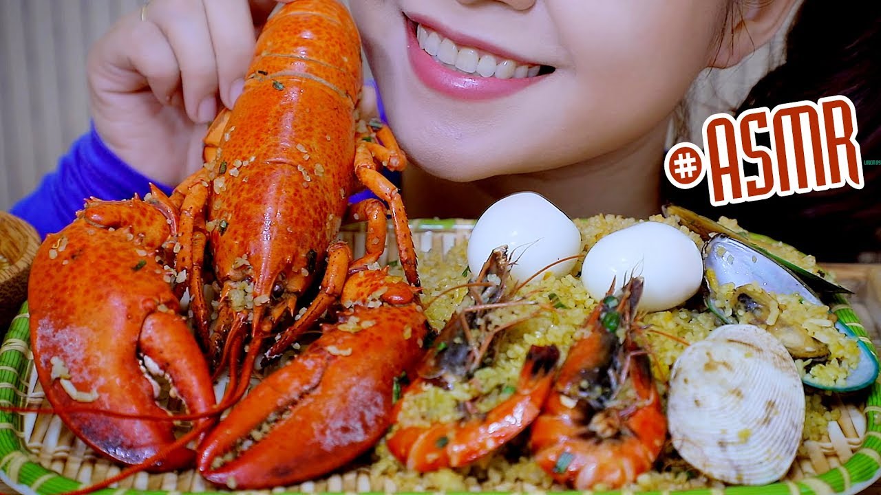 chewing gum silence ASMR eating Fried rice with Lobster and seafood , Soft boiled egg , EATING SOUNDS | LINH-ASMR
