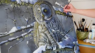 Painting a Great Grey Owl in Acrylic | Realistic Owl Painting | Bird Painting in Snowy Landscape