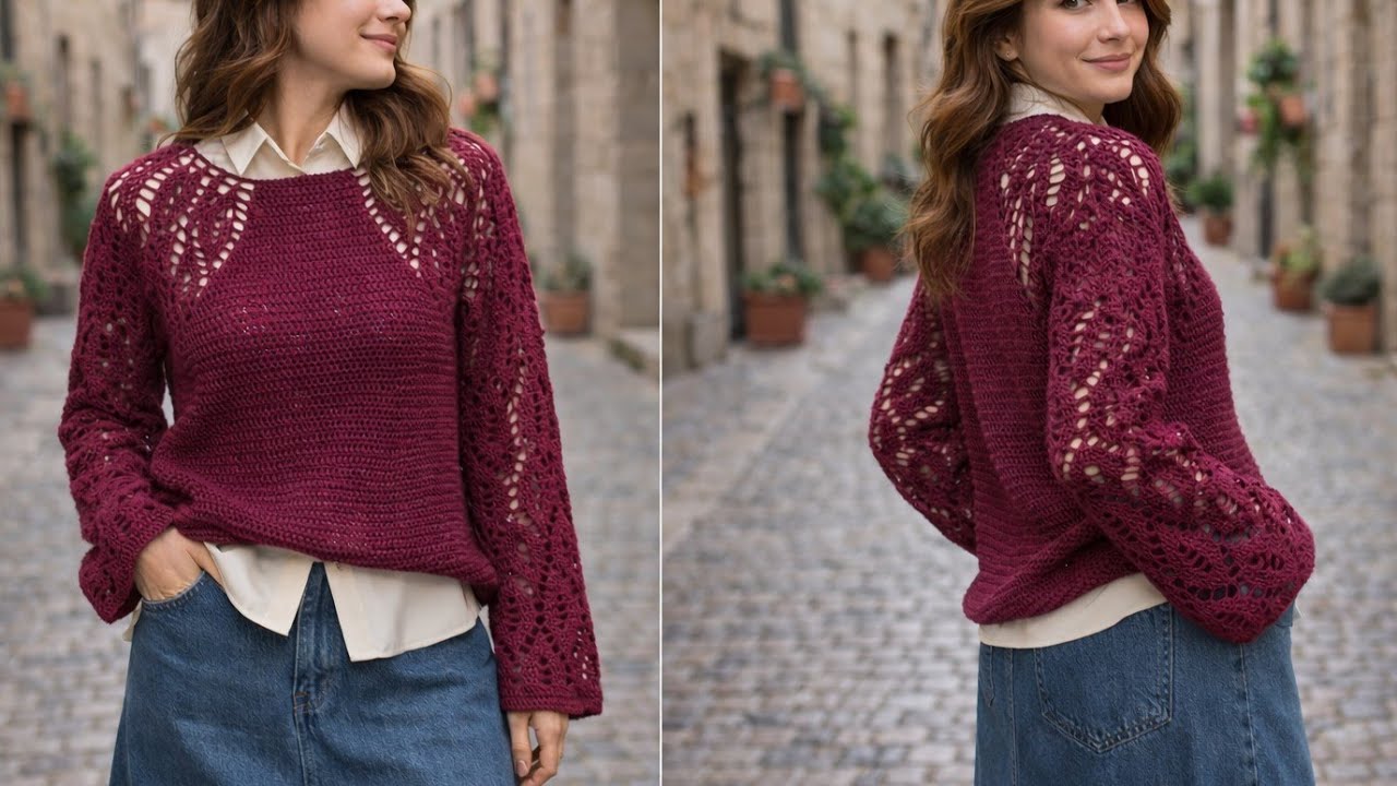 1-2 BÖLÜM Tek parça 🍃SUB 🍃 Tığ İşi Yakadan başlamalı yapraklı bluz yapımı