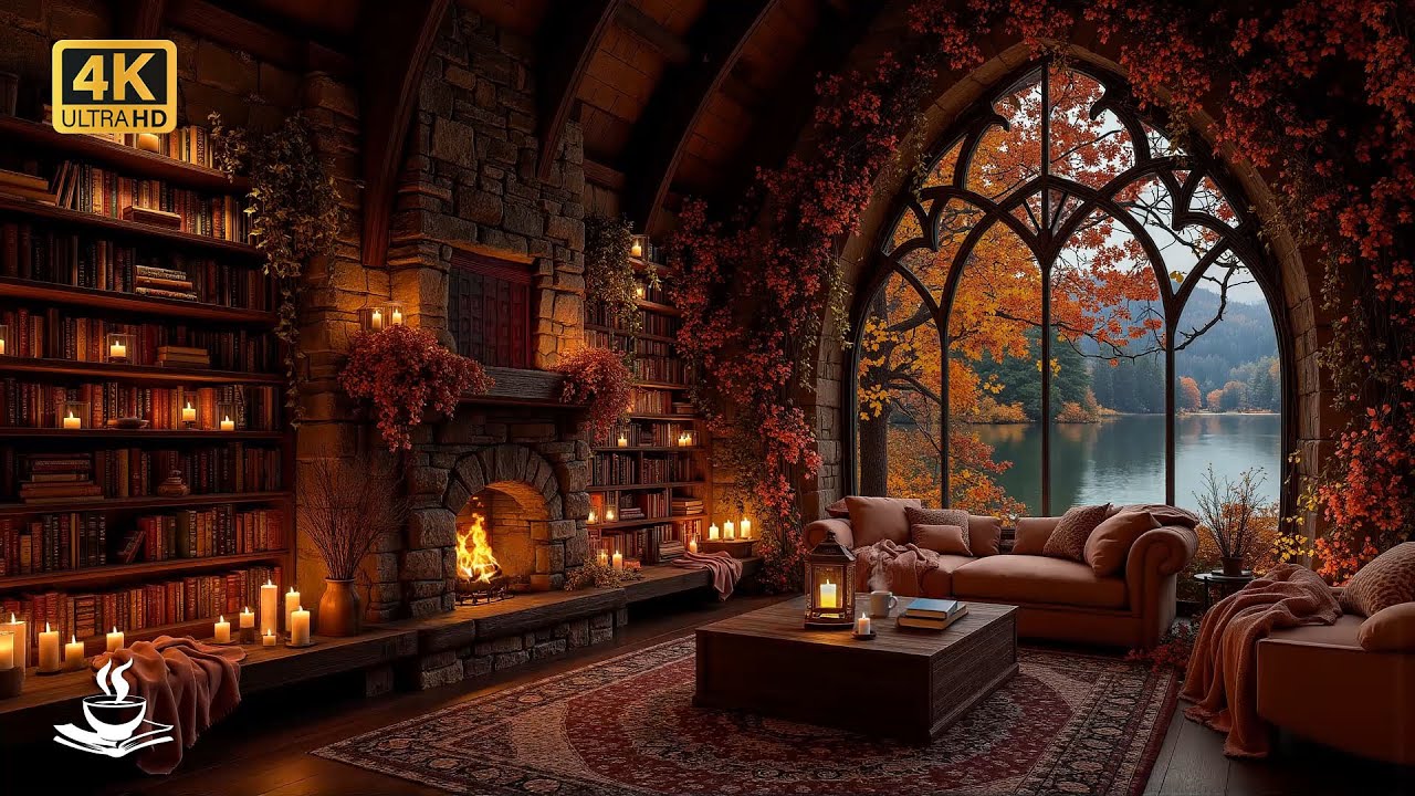 Autumn Library Ambience with Fireplace 🍁 Lake View, Cozy Jazz ...
