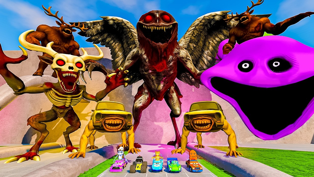 ALL MONSTERS Mothman & Wendigo Downhill Madness with Purple Monster BeamNG.Drive