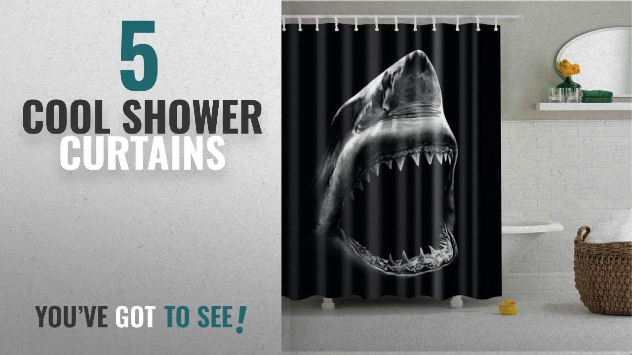 Top 10 Cool Shower Curtains [2018]: Cool Shark with Sharp teeth Black Base Bathroom Shower Curtain