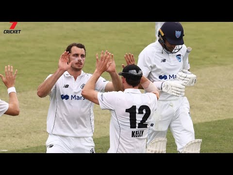 Lance Morris cracking delivery to uproot Baxter Holt in Marsh Sheffield Shield