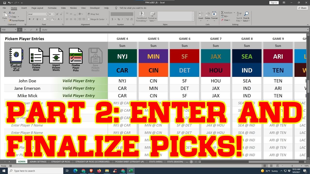 nfl-football-office-pick-em-pool-sheet-in-excel-pt-2-entering-picks-youtube