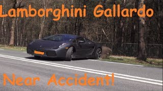 (HD) Lamborghini Gallardo Nearly hits a Tree and Nearly hits a Man! Very close Call!