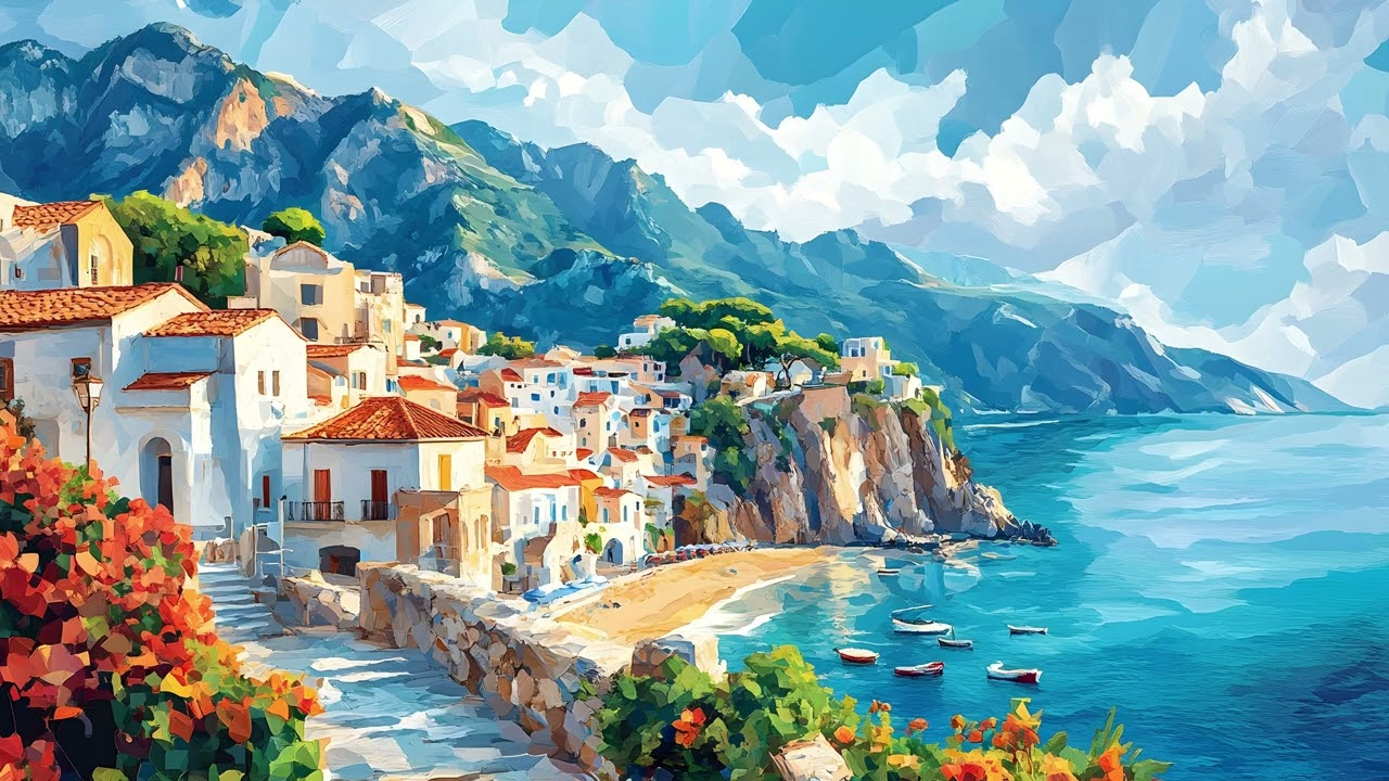 Magnificent Coastal Village ~ modern oil painting ~ frameless art