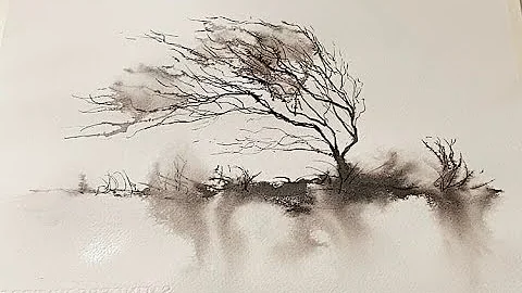 Really Easy Beginner's 5 MINUTE Winter Trees Experiment! Watercolor ink landscape panting Tutorial