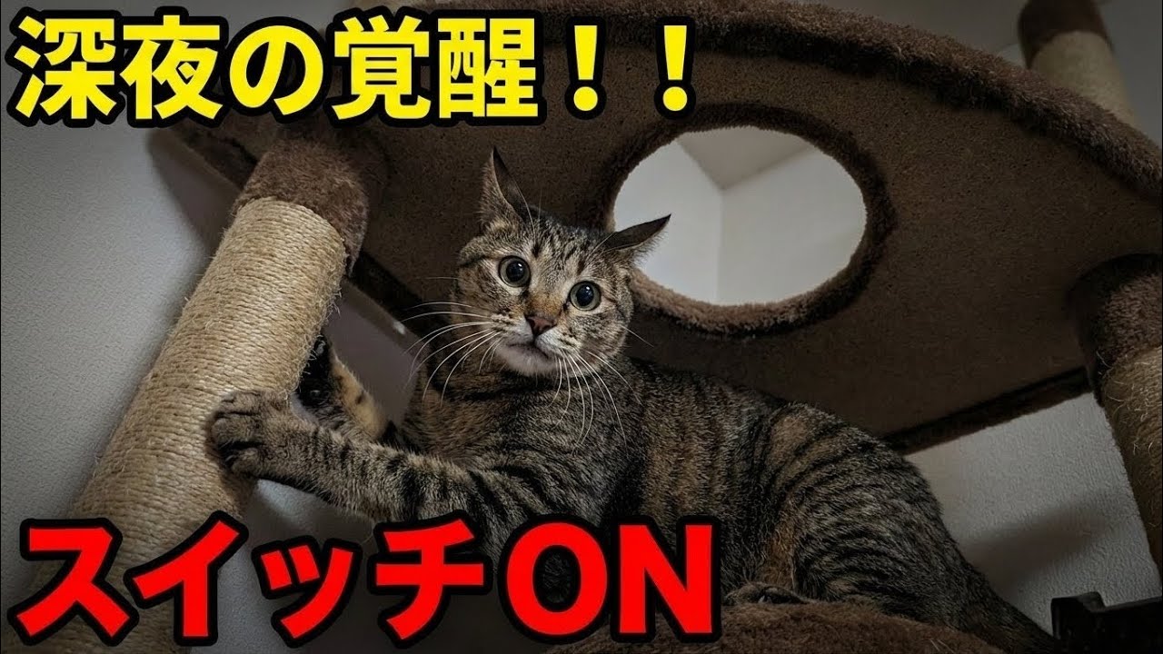 温厚な猫が深夜に突然の覚醒…キャットタワーで大暴れする姿がヤバすぎた