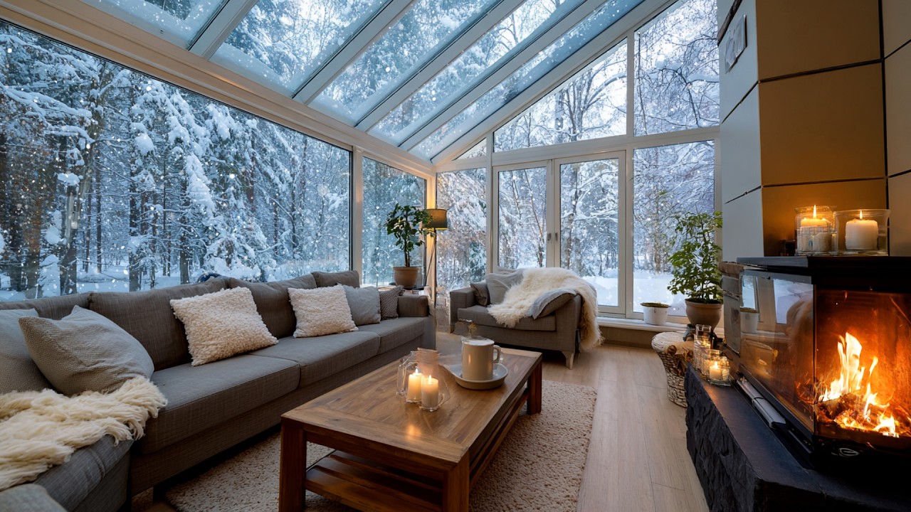 Snowfall and Crackling Fireplace in a Cozy Room | Calm Winter Atmosphere for Relaxation, Focus