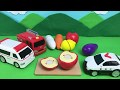 【はたらくくるま くだものとやさいのオモチャをつかってままごと パトカー 消防車 救急車 】