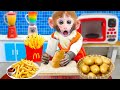 Monkey Bi Bon harvests potatoes and makes french fries with the cat MiMi | Animals Home Monkey