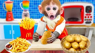 Monkey Bi Bon harvests potatoes and makes french fries with the cat MiMi | Animals Home Monkey