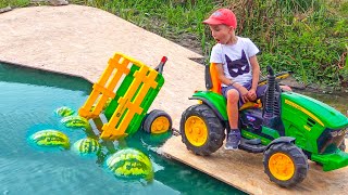 Damian and Darius ride on Tractor and play watermelon mud crash Kids Stories