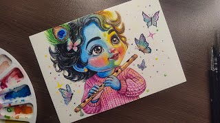 Complete Drawing Of Beautiful Shree Krishna 🖌️🦚🥰Krishna Painting 💙🎨