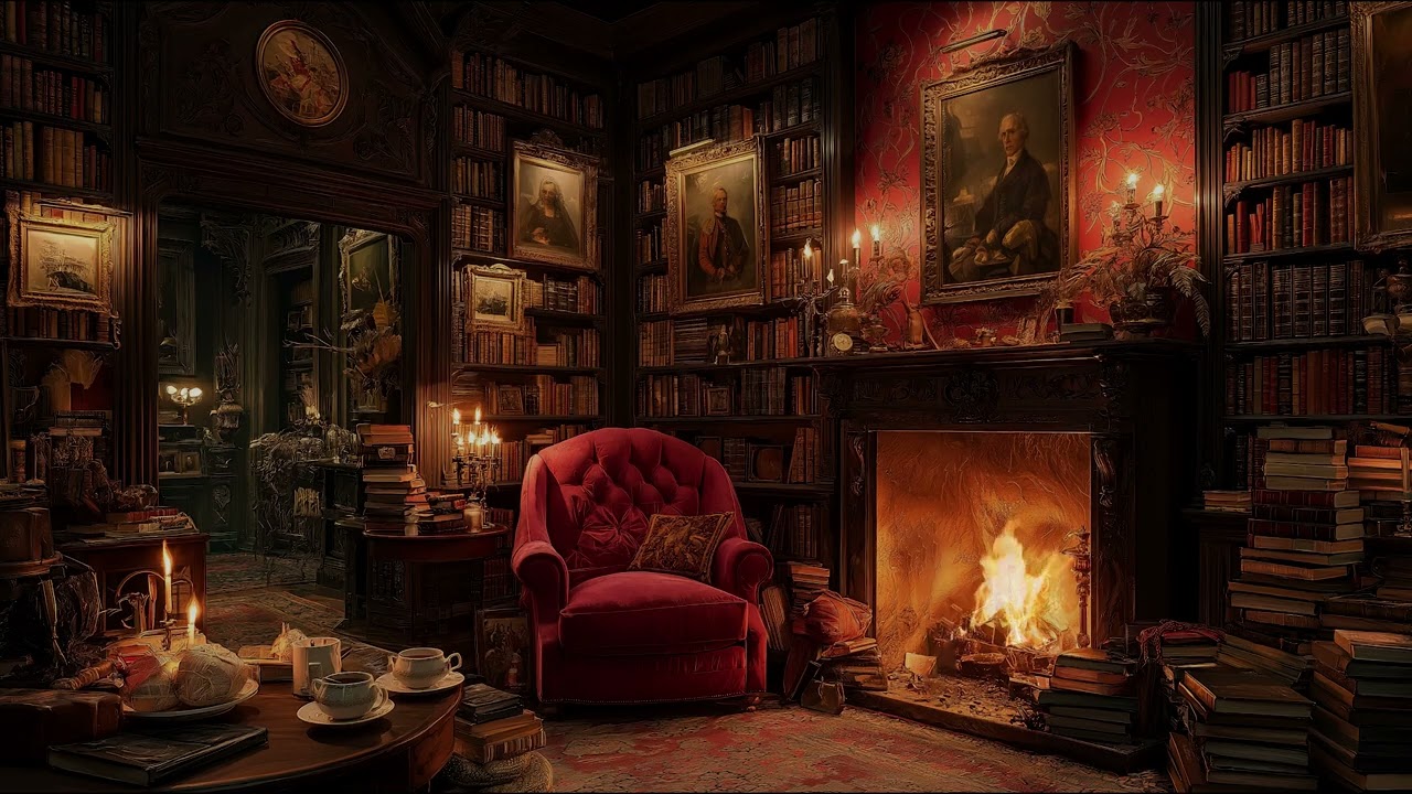 Cozy Fireplace Library with Leather Armchairs and Warm Fire Sounds for Focus and Peaceful Reading