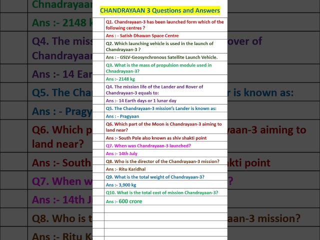 Chandrayaan 3 Quiz Questions And Answers In English #shorts  #gk #chandrayaan3 class=