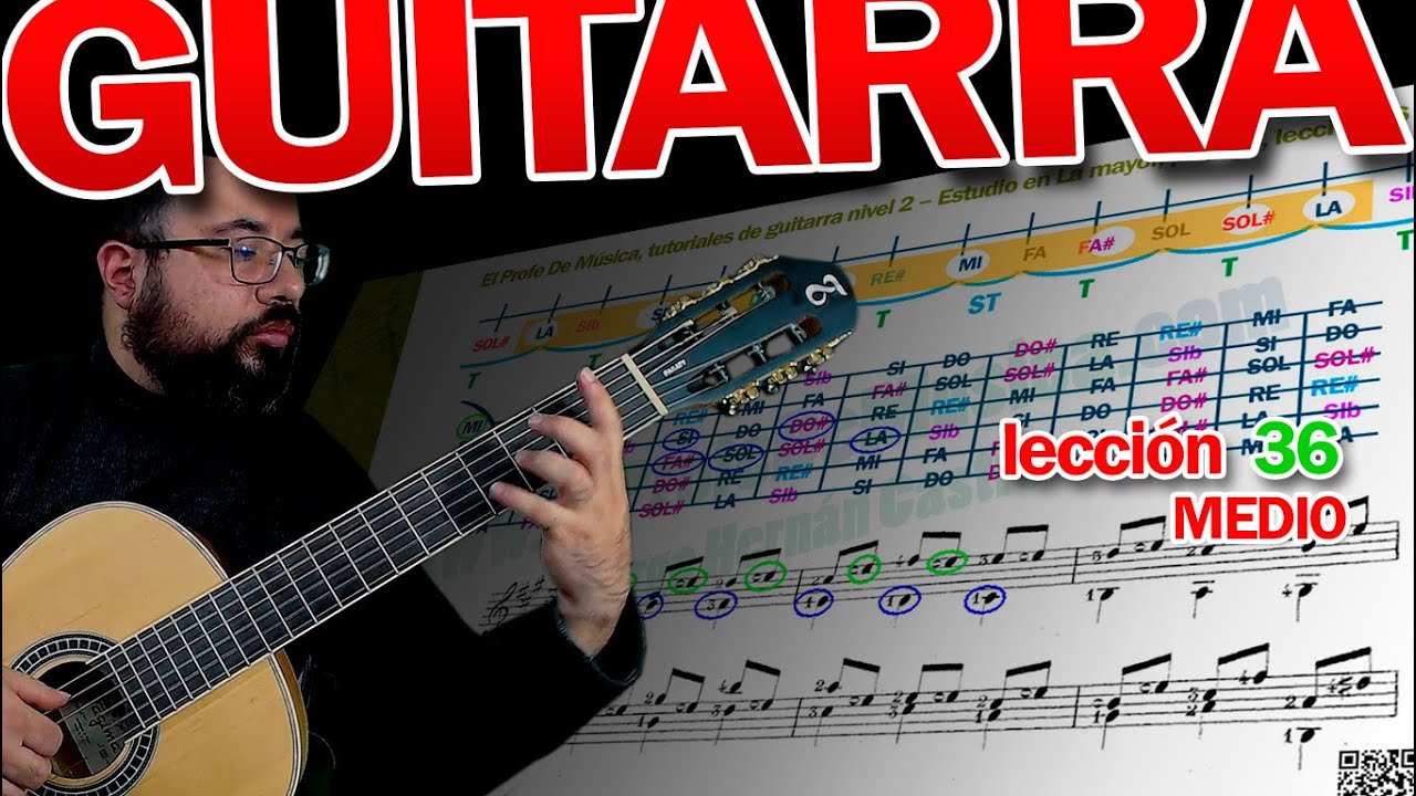 El Profe De Música, tutoriales de guitarra nivel 2 – Estudio en La mayor,  pág. 58, lección 36