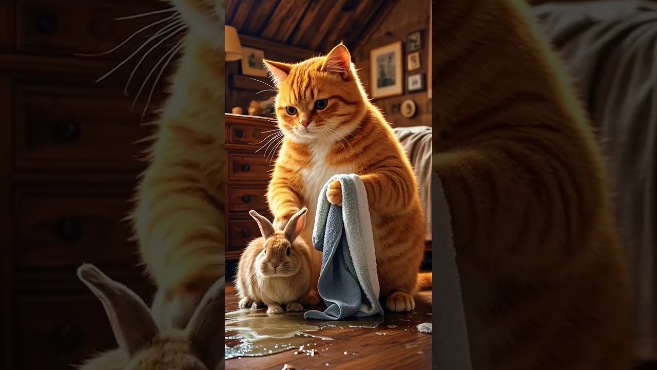 Cat saves the cute rabbit in heavy rain 