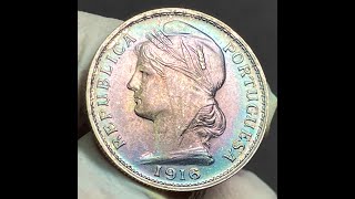 šµš¹ Portugal 20 Centavos Silver 1916 MONSTER IRIDESCENT RAINBOW TONING UNC šµš¹ Portugal 20 Centavos Silver 1916 MONSTER IRIDESCENT RAINBOW TONING UNC